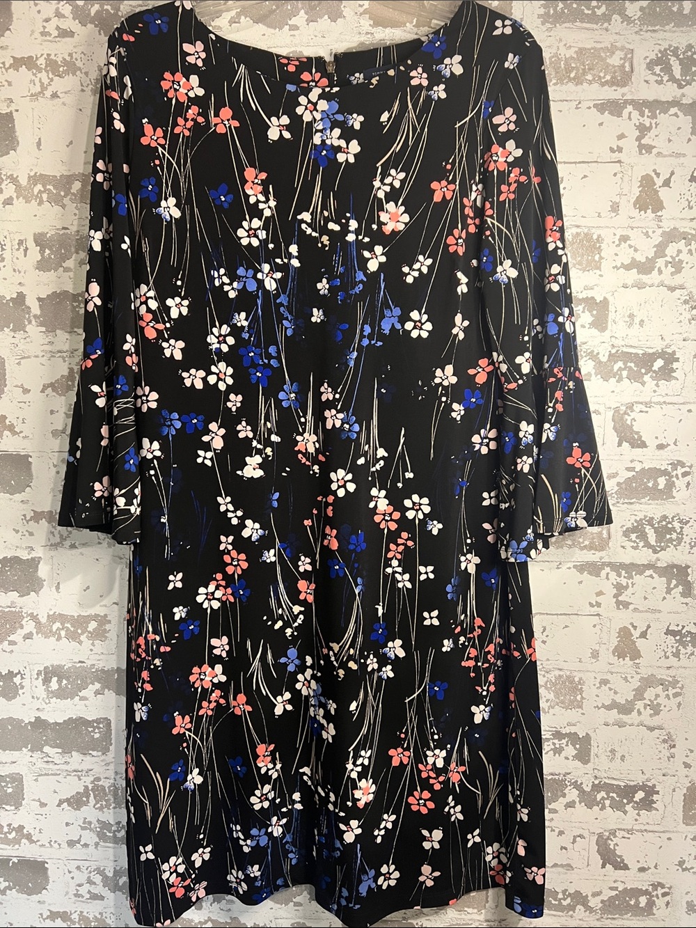 Tommy Hilfiger Black Floral Long Sleeve Shift Dress with Pink & Blue Blooms